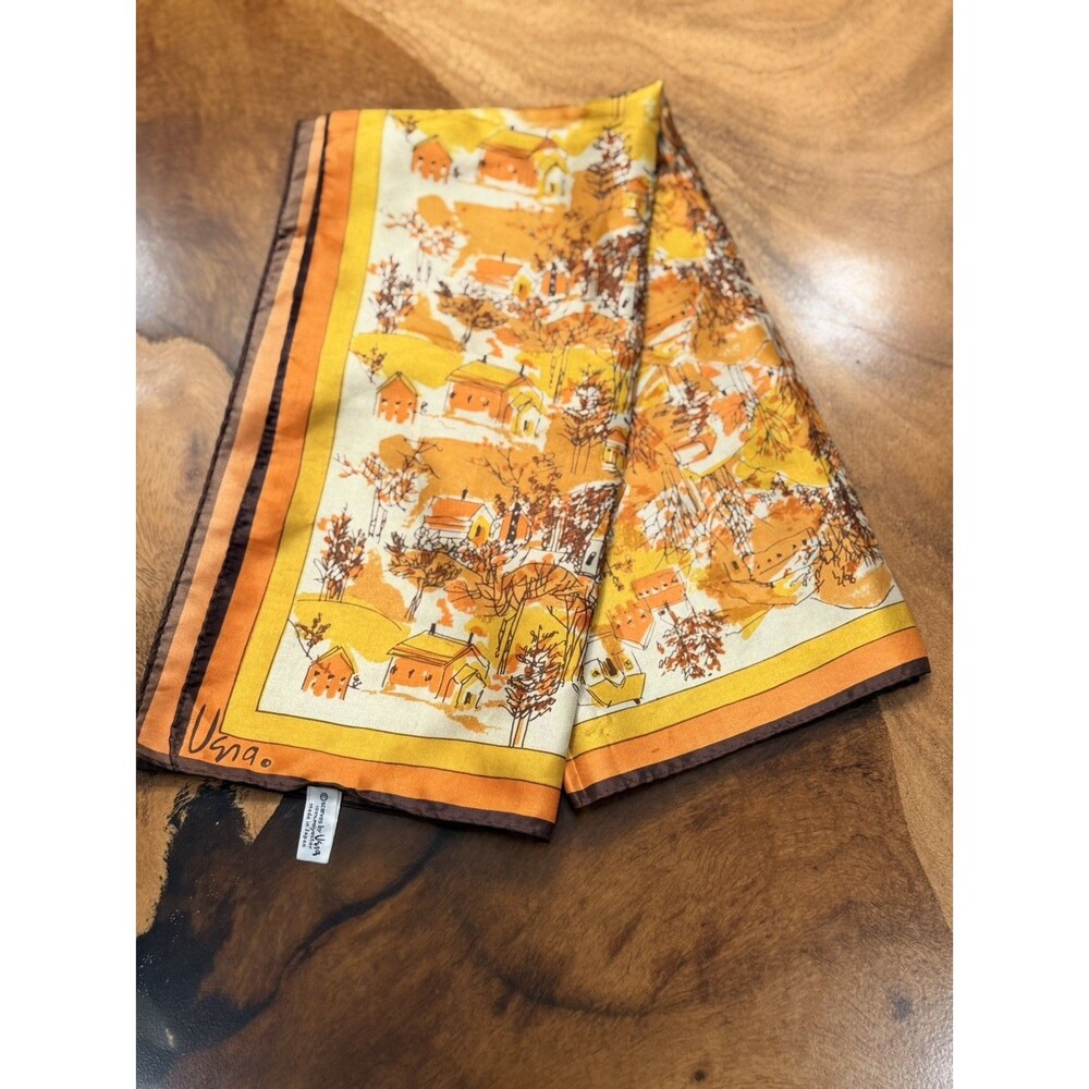 Vera Neumann Scenic Village Scarf Orange Brown Signed Vera Japan VINTAGE 60’s/70
